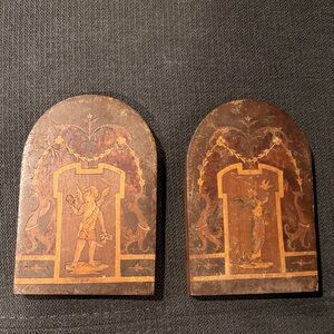 Vintage carved wood inlaid arched bookend pieces